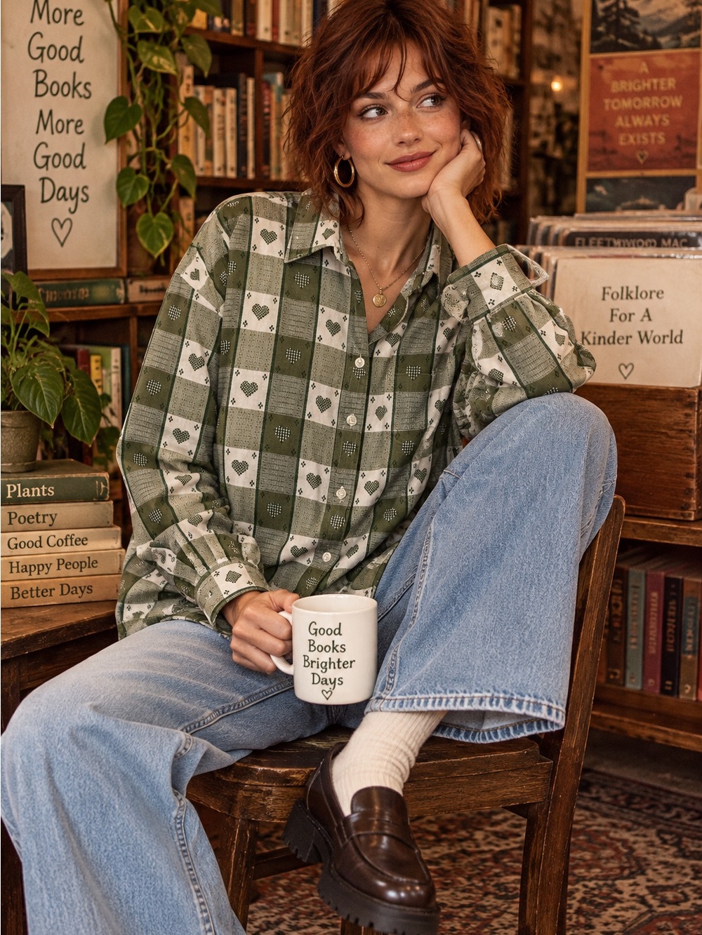 Vintage Blair Green Patchwork Heart Button Down Shirt Size L 100% Cotton